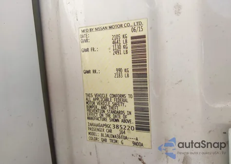 2016 Nissan Maxima 3.5 Sl z USA, uszkodzony, nr VIN 1N4AA6AP9GC385220